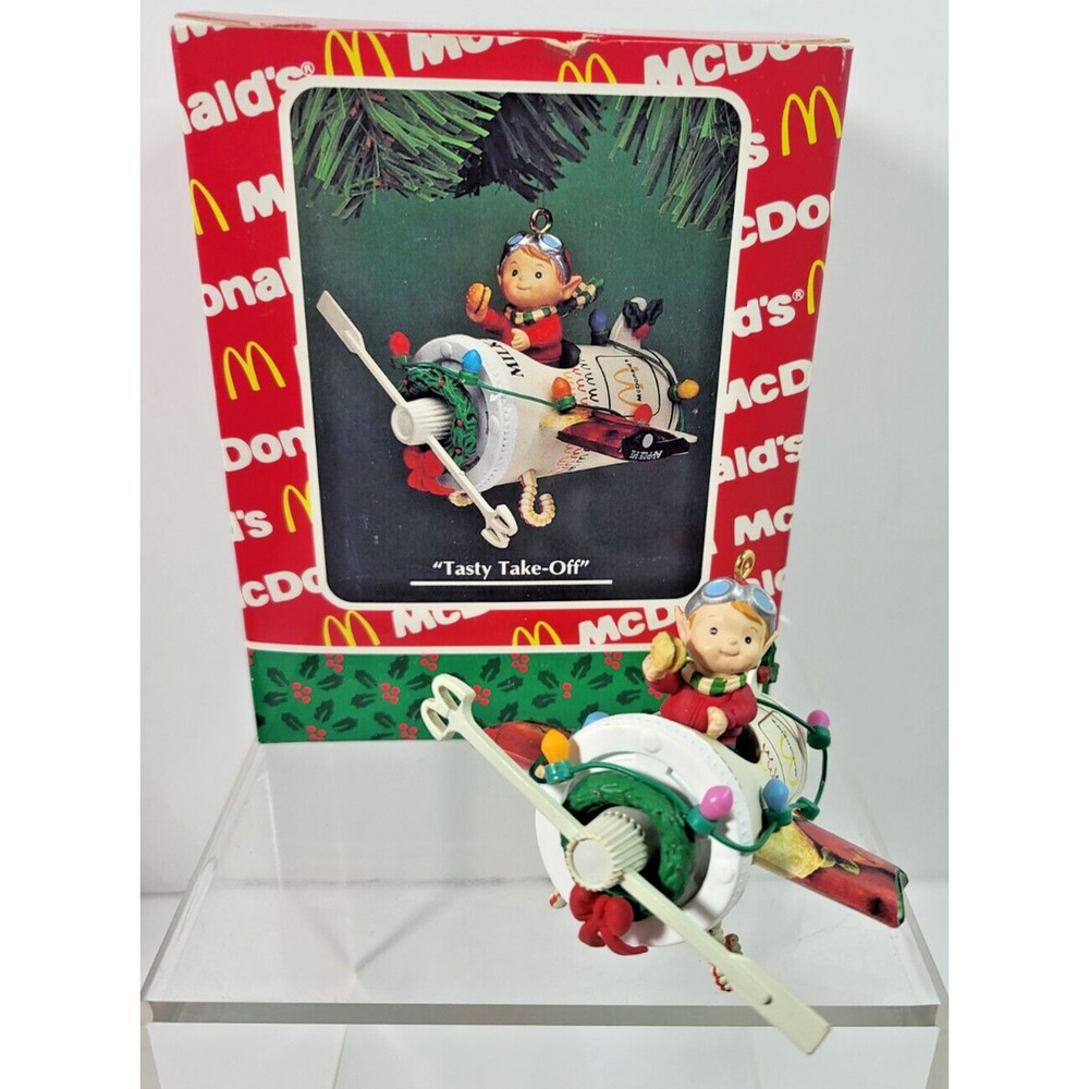 Vtg 1994 McDonalds Treasury Christmas Ornament Tasty Take-Off & Box Enesco Elf
